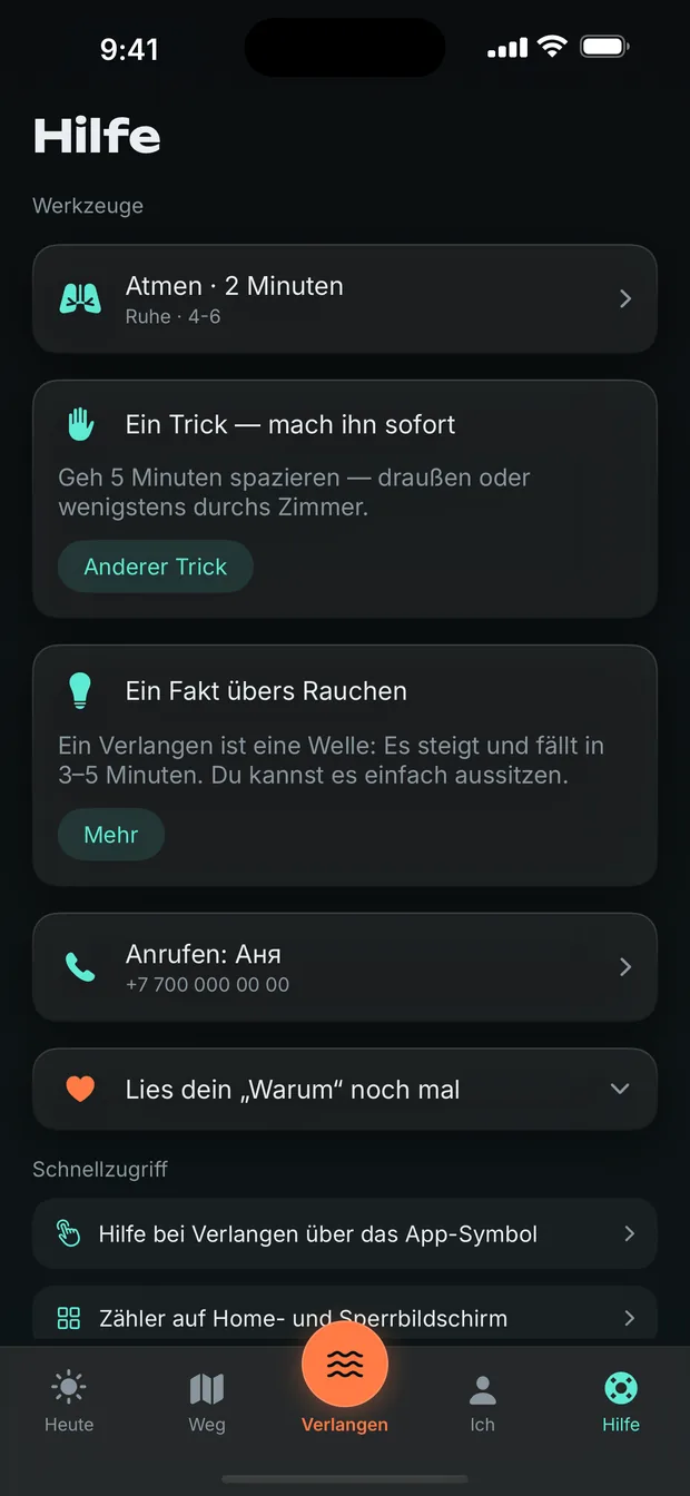 Werkzeuge für genau diese Minute: Atmen, eine Technik, ein Fakt, ein Anruf.