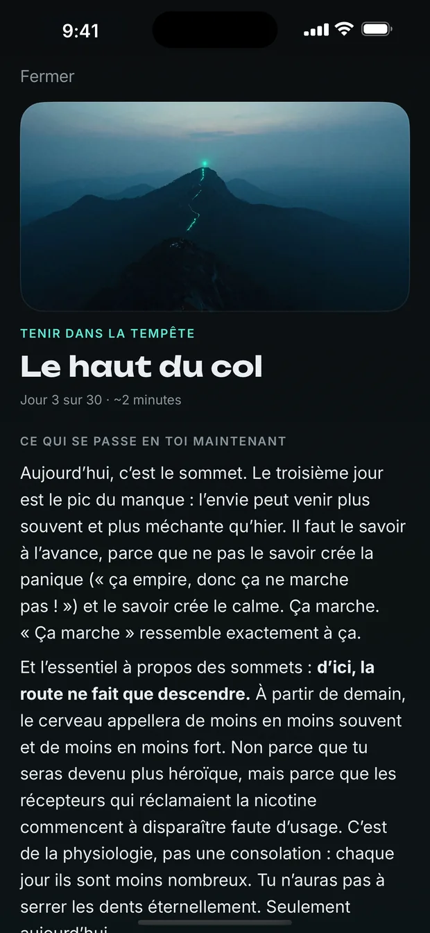Un texte par jour. L’appli sait à quel jour tu en es.